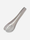 A pair of stainless steel slotted tongs with a perforated circular pattern on the tips, shown on a light gray background.
