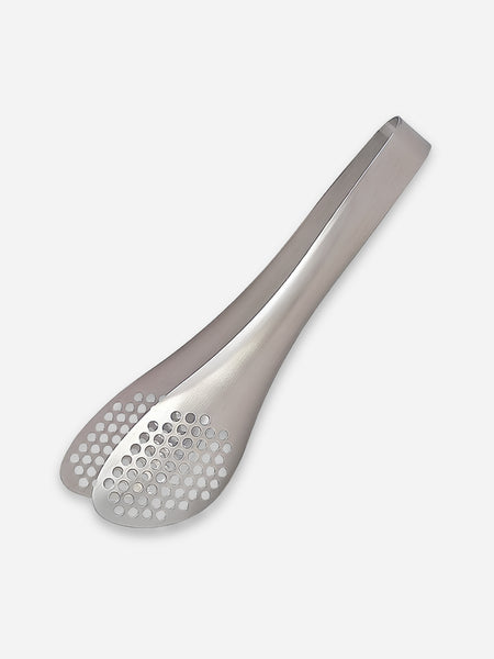 A pair of stainless steel slotted tongs with a perforated circular pattern on the tips, shown on a light gray background.