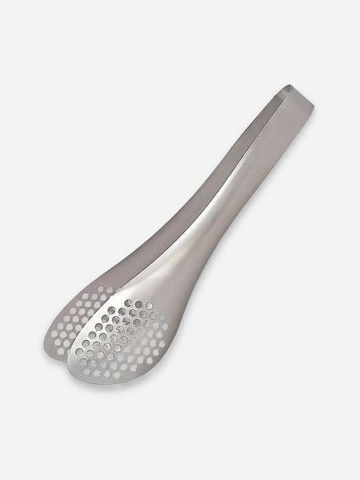 A pair of stainless steel slotted tongs with a perforated circular pattern on the tips, shown on a light gray background.