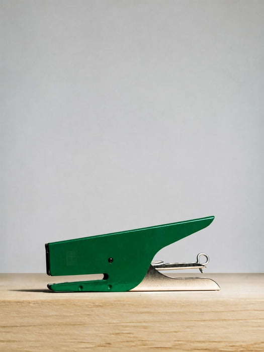 A green and silver stapler placed on a light wood surface against a neutral gray background.