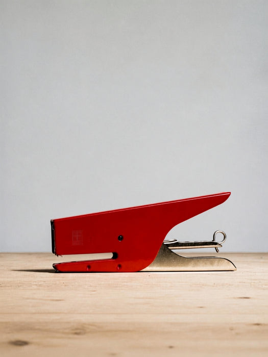 A red metal stapler with silver metal blades and hinge, resting on a light-colored wooden surface against a neutral gray background.