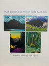 Front cover of the 'Muir Woods and Mt. Tam Note Card Box' featuring four colorful woodcut-style landscape prints by Tom Killion on a white background.