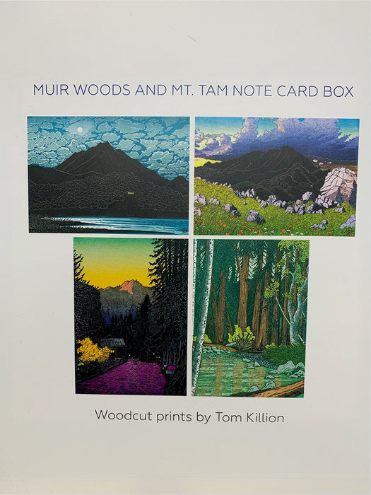 Front cover of the 'Muir Woods and Mt. Tam Note Card Box' featuring four colorful woodcut-style landscape prints by Tom Killion on a white background.