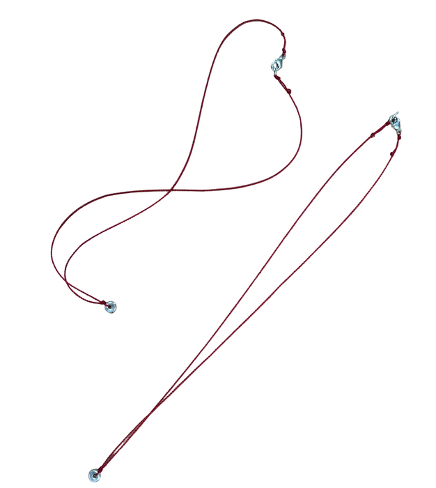 A red cord necklace with  silver metal bead and a clasp,