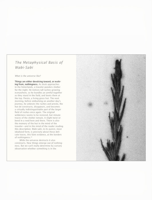 A book page featuring a large white title block on the left with the text 'The Metaphysical Basis of Wabi-Sabi' and several paragraphs of body text, paired with a black-and-white abstract photographic panel on the right.