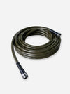 An olive green flexible garden hose coiled on a light gray background, with black and silver metal connectors at both ends.