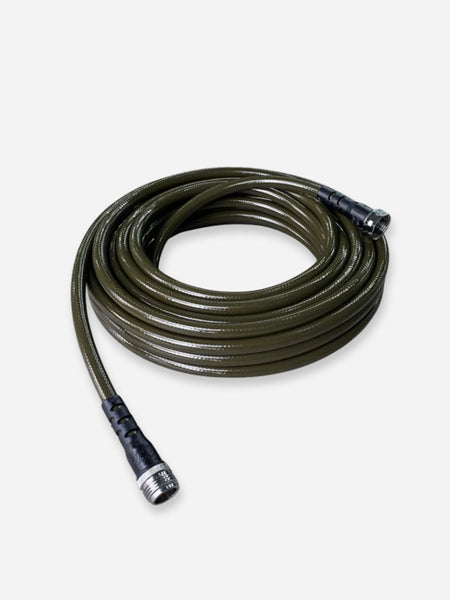 An olive green flexible garden hose coiled on a light gray background, with black and silver metal connectors at both ends.