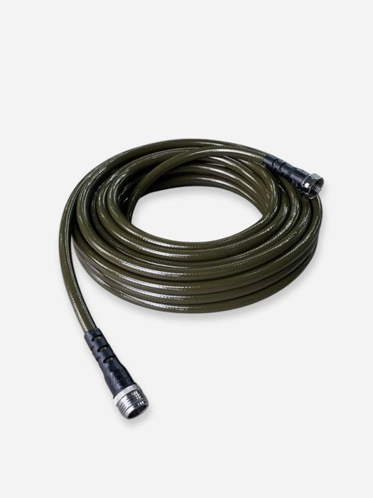 An olive green flexible garden hose coiled on a light gray background, with black and silver metal connectors at both ends.