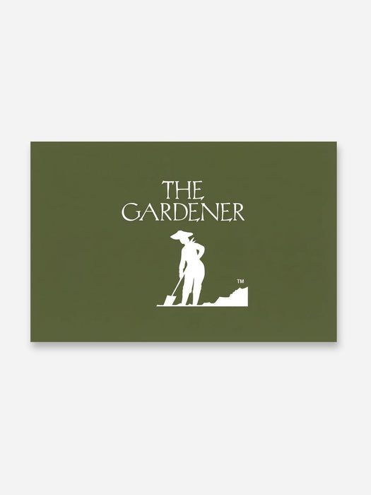 The logo for 'The Gardener' featuring a white silhouette of a gardener with a shovel on a solid olive green background.