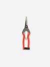 A pair of long-nose diagonal force pliers with bright orange handles, silver metal blades, and a black wrist strap, shown against a plain white background.