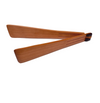 A pair of wooden tongs with a warm medium-brown wood grain finish and a small black accent at the hinge, shown on a clean off-white background.