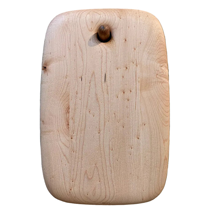 A beige, solid wood cutting board with a natural grain pattern, displayed against a white background.